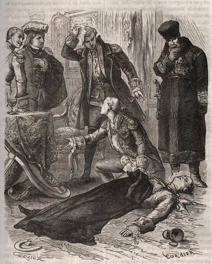 El emperador ruso Pedro III (1728-1762), confinado en una residencia, fue asesinado por orden de su esposa Catalina II, que acababa de derrocarlo y tomar el poder, por Alexéi Orlov (1737-1808) y sus guardias el 17 de julio de 1762. Grabado de 1871 en de French School