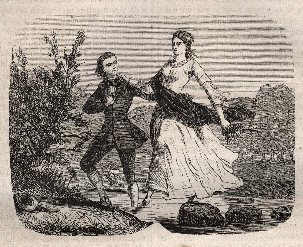 El filósofo suizo Jean Jacques (Jean-Jacques) Rousseau (1712-1778) ayudó a Mademoiselle Galley a cruzar un arroyo. Grabado de 1871 en “Histoire Des Cocus Celebres” por Henry de Kock (1819-1892). de French School