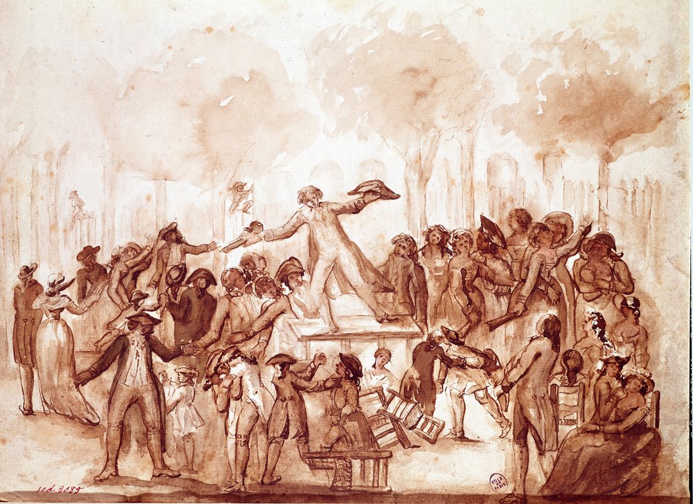 El periodista Camille Desmoulins (1760-1794) arengó a los patriotas en los jardines del Palacio Real. Primera escena de la revolución francesa en París, 12 de julio de French School
