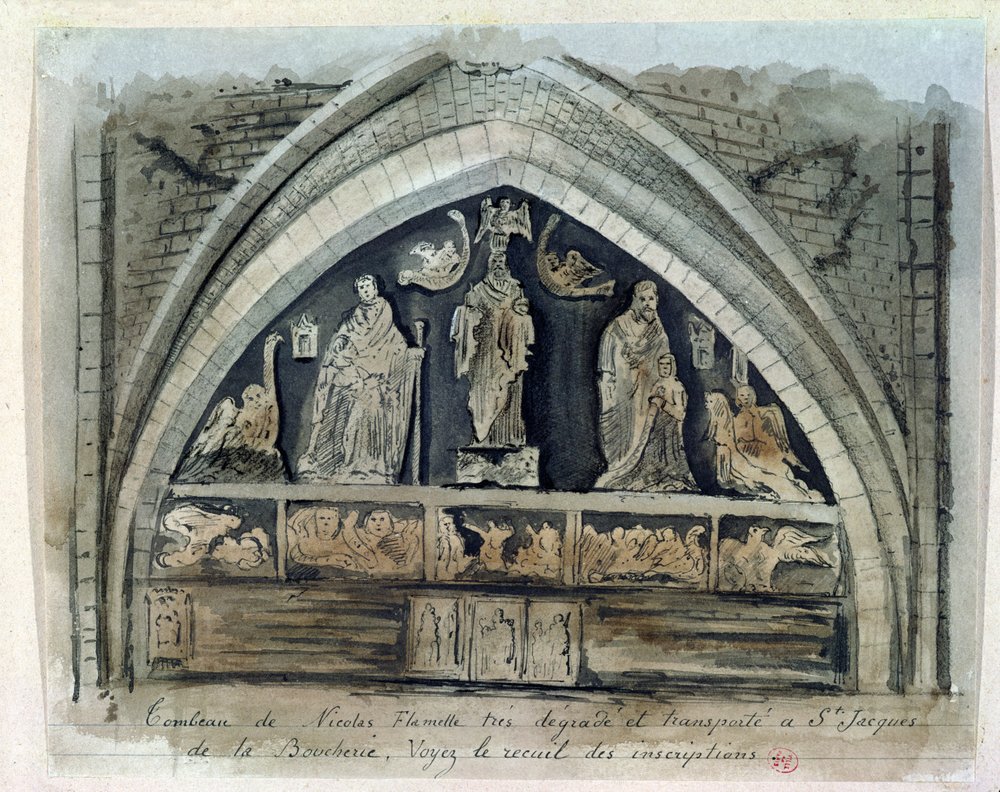 Tumba de Nicolas Flamel (ca. 1330-1418) en el Cementerio de los Inocentes de French School