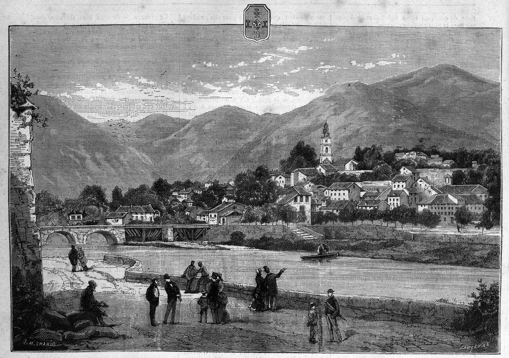 Vista de la ciudad de Digne en los Alpes Inferiores. Grabado de 1880 en "La república ilustrada" colección privada. de French School