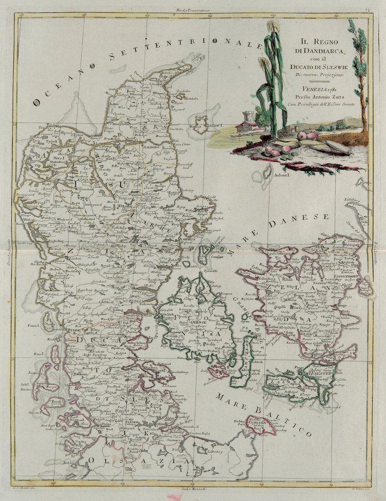 Reino de Dinamarca con el Ducado de Slesvik, grabado por G. Zuliani del "Atlas Más Nuevo" publicado en Venecia en 1781 por Antonio Zatta, Colección Privada de G. Zuliani