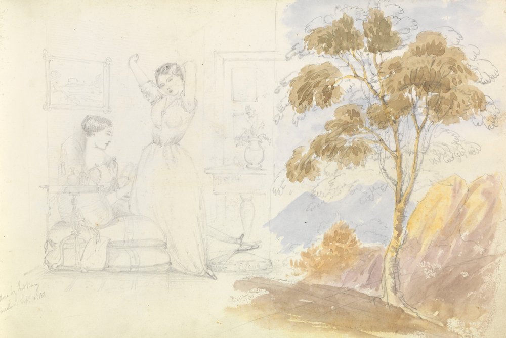 Dibujo de dos mujeres jóvenes, una sentada y leyendo y la otra estirándose y bostezando (dibujado por Lord Bury) con el dibujo de un árbol al lado. de George Pechell Mends