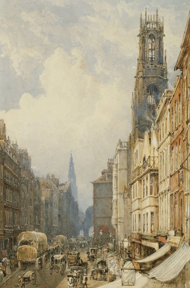 Fleet Street mirando hacia Temple Bar con Old St. Dunstans y St. Clement Danes, 1834 de George Sidney Shepherd