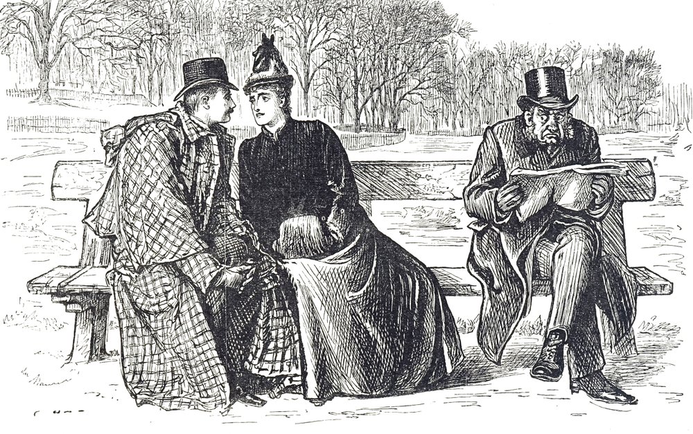 Caricatura que representa a una pareja intercambiando palabras cariñosas en un banco del parque, mientras el hombre junto a ellos los mira con desaprobación de George du Maurier