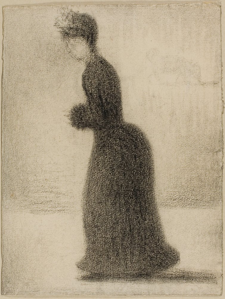 Mujer con manguito, c.1884 (lápiz negro sobre papel colocado sobre tabla) de Georges Pierre Seurat