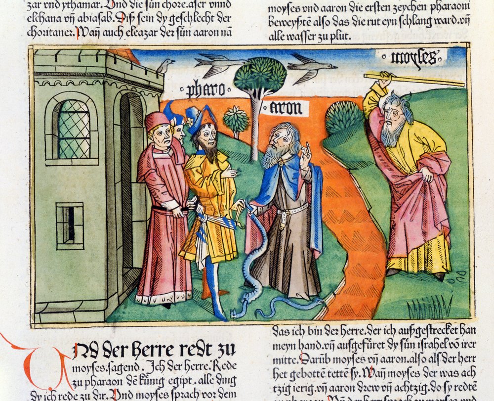 Éxodo 7:8-25 La vara de Aarón en forma de serpiente se traga a las serpientes de los sabios y hechiceros del faraón, y Moisés convierte las aguas del Nilo en sangre, de la Biblia de Núremberg (Biblia Sacra Germanaica) de German School