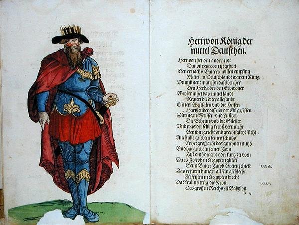 Heriwon, rey de los germanos centrales, de «El origen de los primeros doce antiguos reyes y príncipes de la nación alemana» de German School