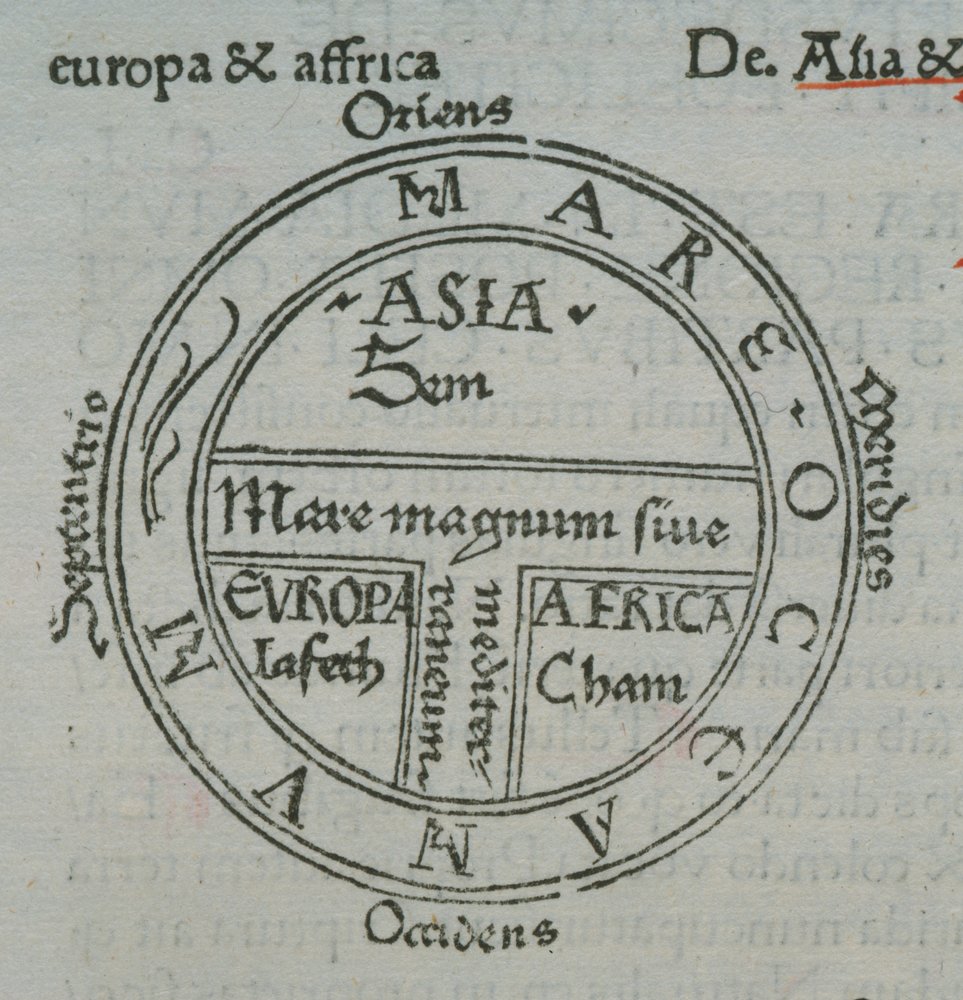 f.177v Mapa T-en-O, con nombres de lugares en letra impresa, de Isidoro ...