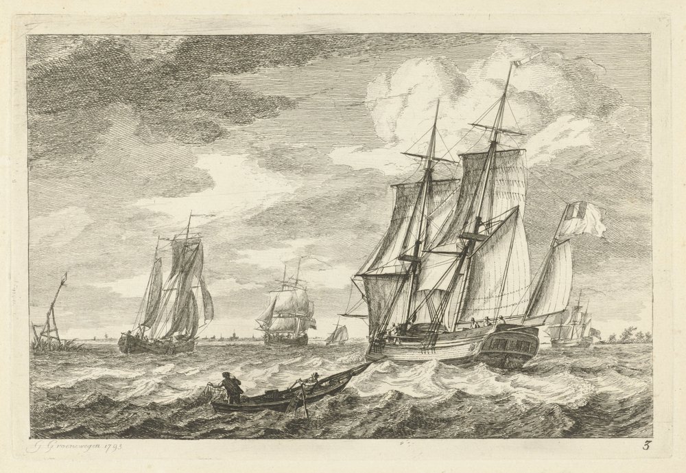 Brik y otros barcos en una vía fluvial ancha Varios barcos sobre las olas (título de la serie) de Gerrit Groenewegen