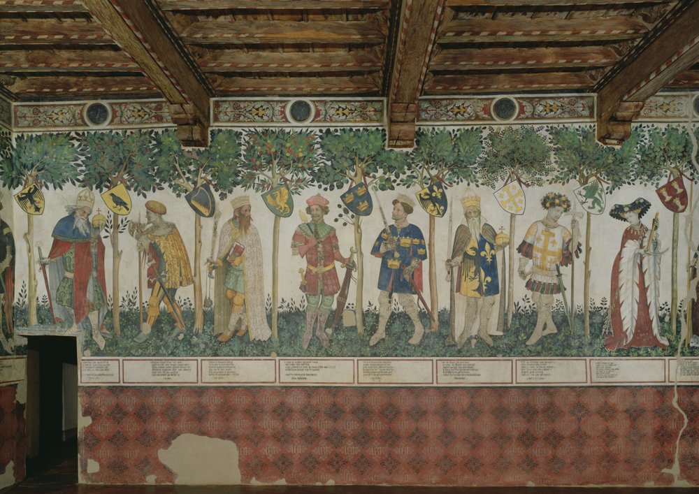 Los Nueve de la Fama y las Nueve Mujeres Dignas, detalle con Julio César, Josué, el rey David, Judas Macabeo, el rey Arturo, Carlomagno, Godofredo de Bouillón y Delfina, 1418-30 de Giacomo Jaquerio