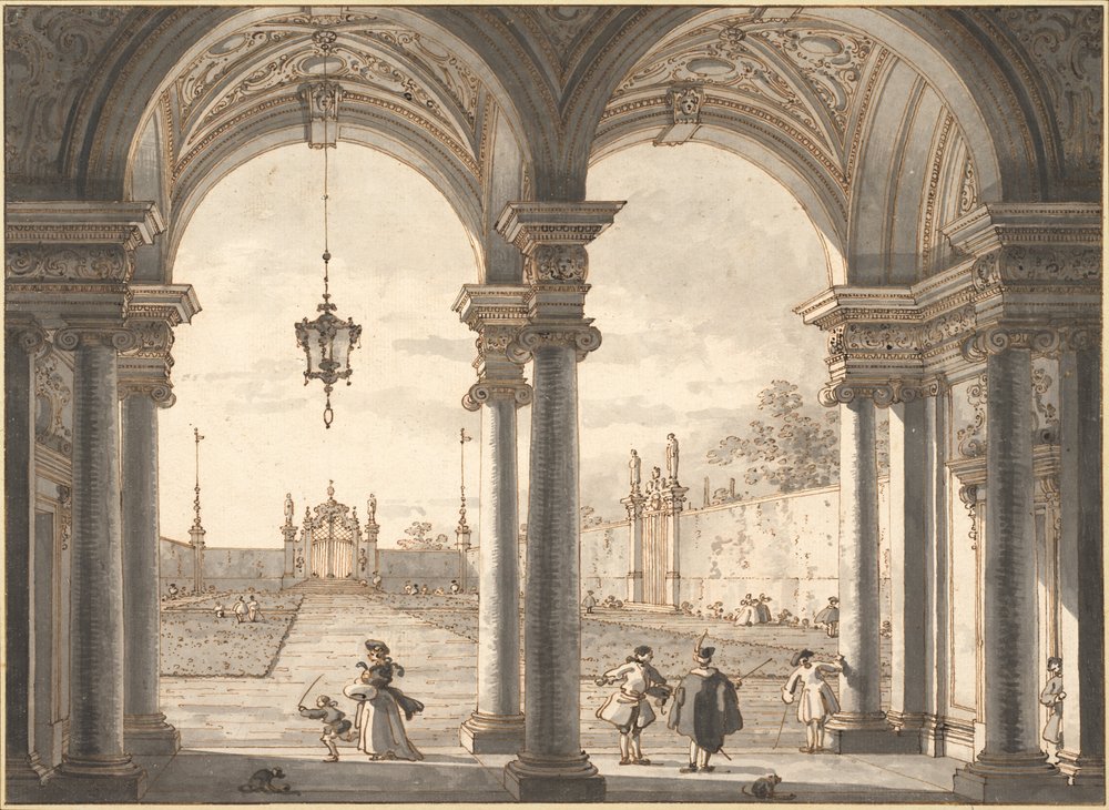 Vista a través de una columnata barroca hacia un jardín, 1760-1768 de Giovanni Antonio Canal