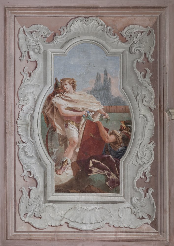 Palazzina (Edificio pequeño): vista de la cuarta habitación o de Torquato Tasso, con freescoes que representan episodios de "Jerusalén liberada": "Los compañeros sostienen el espejo frente a Rinaldo" de Giovanni-Battista Tiepolo