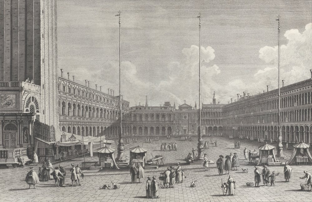 Vista de la Piazza San Marco, con la iglesia de San Geminiano al fondo, y figuras, 1763 de Giovanni Battista Brostoloni