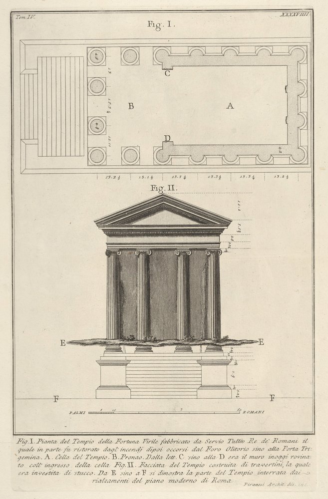 Plano y fachada del Templo de Fortuna Virilis, Tempio della Fortuna Virile, de la s..., 1756 de Giovanni-Battista Piranesi