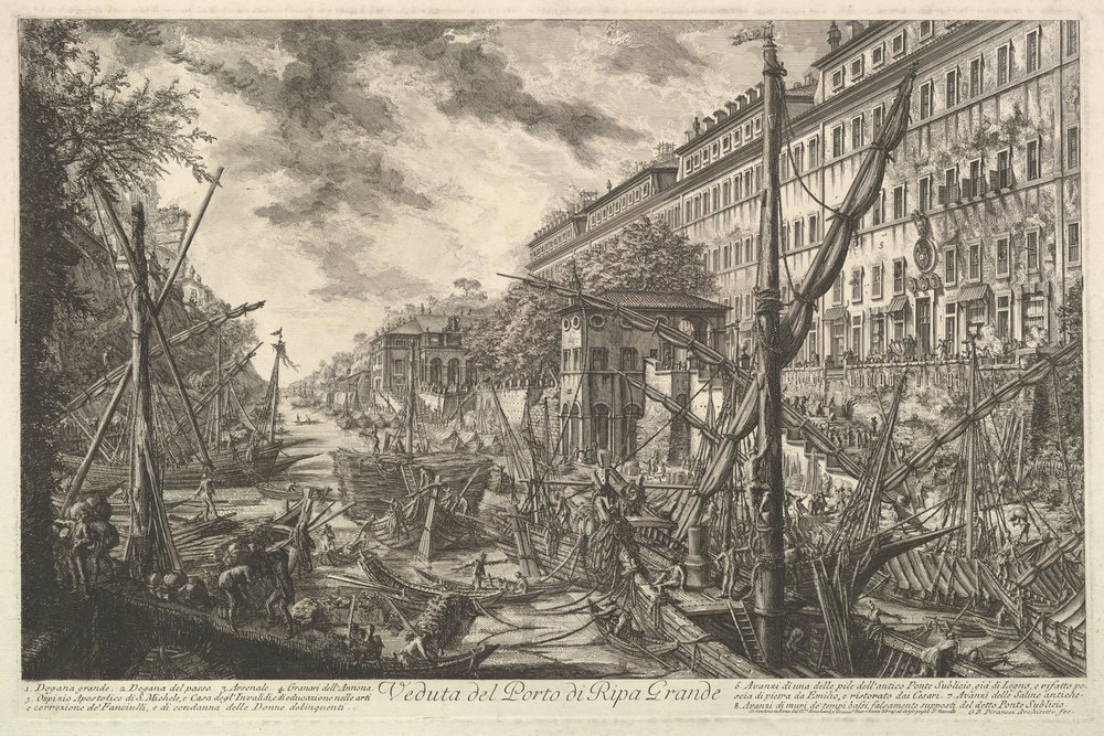 Vista del puerto de Ripa Grande, de Vedute di Roma Vistas romanas, ca. 1753 de Giovanni-Battista Piranesi
