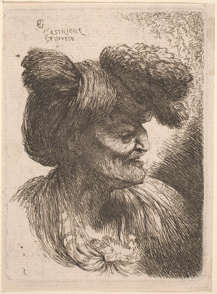 Viejo con turbante adornado con piel, mirando a la derecha de Giovanni Benedetto Castiglione