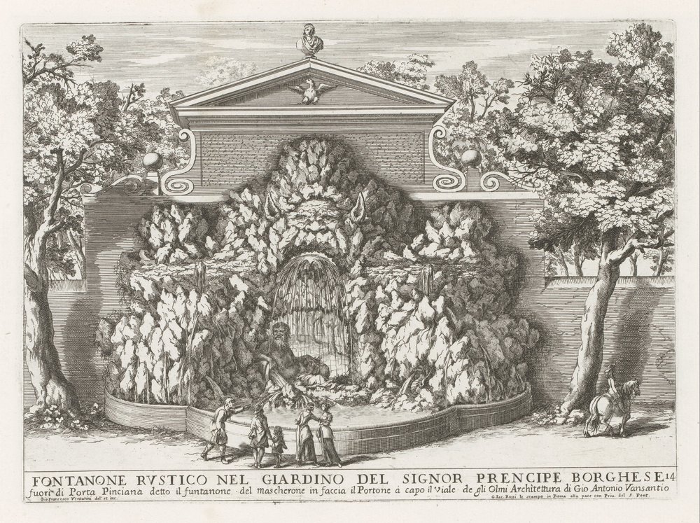 Fontein de Villa Borghese en Roma Fuente rústica en el jardín del Sr. prencipe Borghese (...) (título sobre objeto) Las fuentes en los palacios y jardines de Roma (título de la serie) Fonteinen in de paleizen en tuinen van Rome (título de la serie) de Giovanni Francesco Venturini