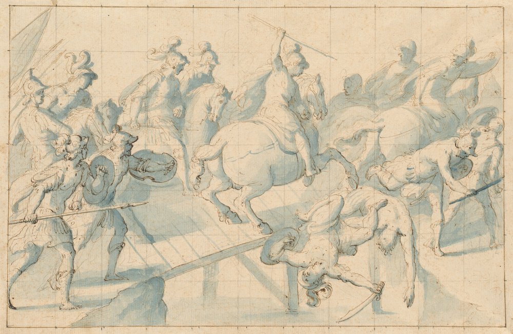 Batalla en un puente, c.1600 (pluma y tinta) de Giovanni Il Cosci Balducci