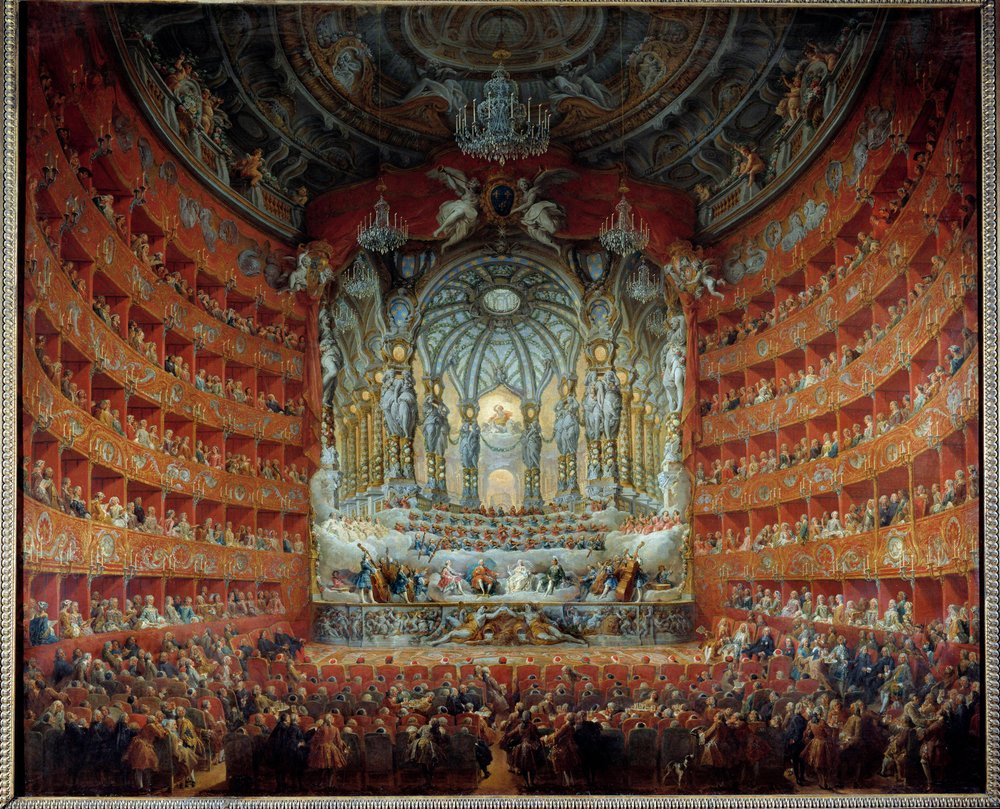 Concierto en el teatro Argentina en Roma el 15 de julio de 1747 con motivo del matrimonio del delfín Luis de Francia (1729-1765) con María Josefa de Sajonia de Giovanni Paolo Pannini