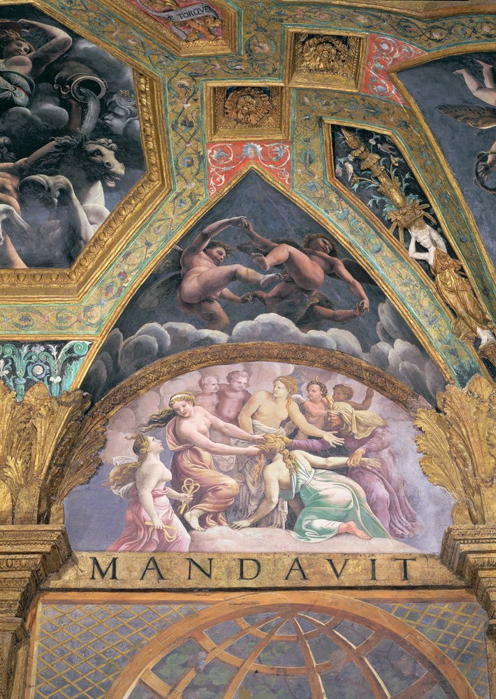 Psique, Sometida a una de las Pruebas Impuestas por Venus, luneta de la Sala di Amore e Psiche, 1528 de Giulio Romano