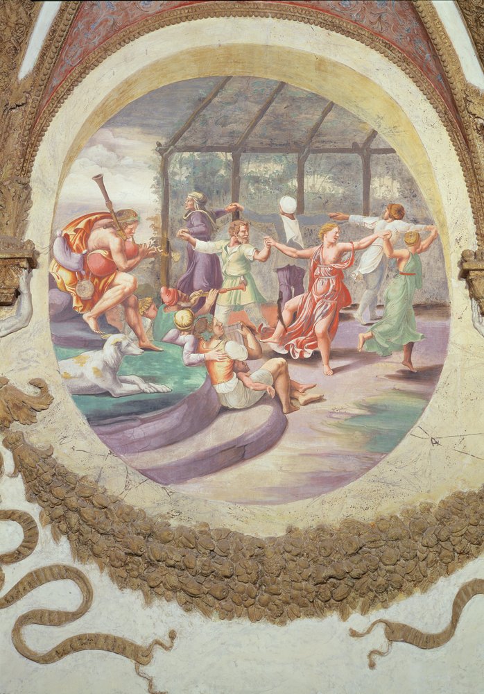 Escena que muestra que a quienes nacen bajo el signo de Aries en conjunción con la constelación de la Cabra se les otorga aptitud para tocar la zampogna e inclinación a las pasiones amorosas, s de Giulio Romano