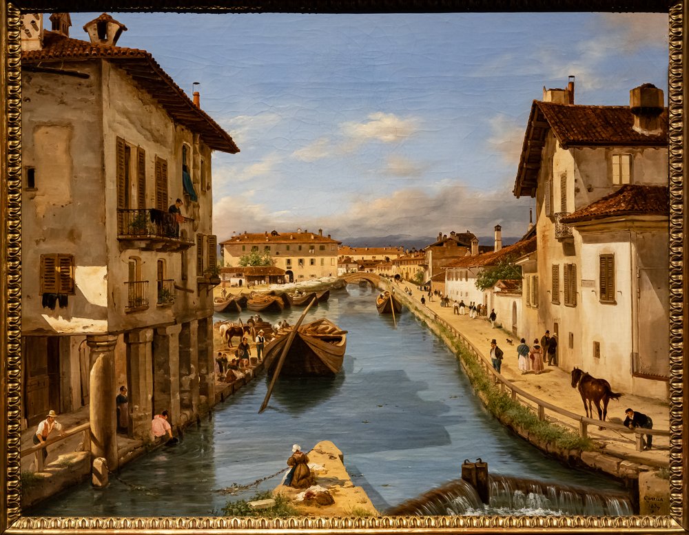 Vista del Canal del Naviglio desde el puente de San Marcos, c.1850 (óleo sobre lienzo) de Giuseppe Canella