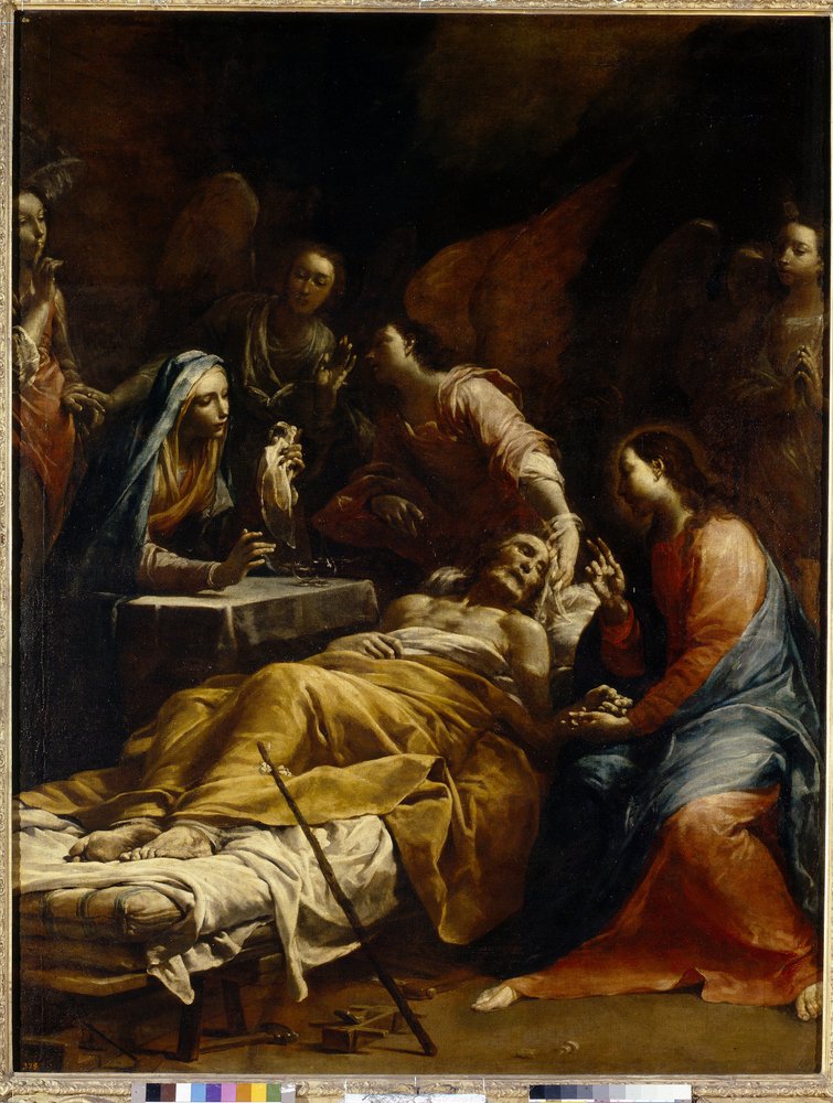 Muerte de San José (Muerte de San José). Anciano acostado en su lecho de muerte, rodeado por la Virgen María, Jesucristo bendiciéndolo y ángeles. Pintura de Giuseppe Maria Crespi conocida como Lo Spagnolo (1665-1747), óleo sobre lienzo, alrededor de 1712.  de Giuseppe Maria Crespi