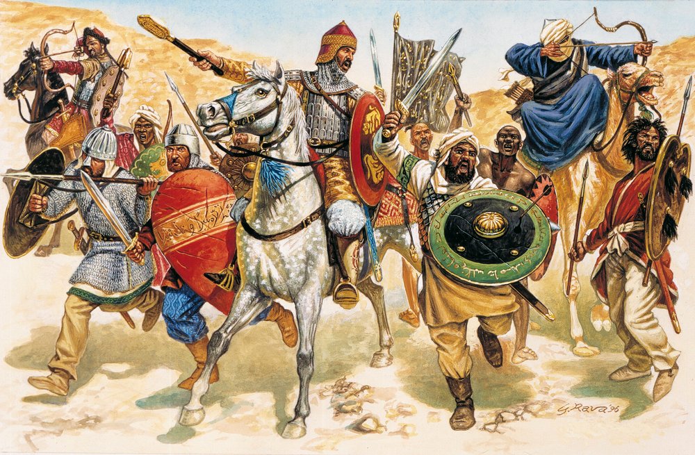 Guerra santa: soldados musulmanes luchando contra el enemigo cristiano de Giuseppe Rava