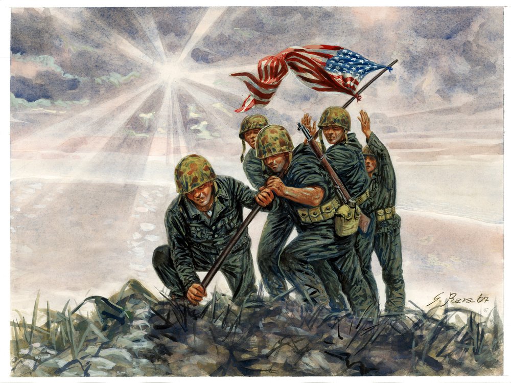 Segunda Guerra Mundial, guerra del Pacífico: batalla de Iwo Jima, victoria de los Marines estadounidenses en febrero de 1945 - Segunda Guerra Mundial, guerra del Pacífico: batalla de Iwo Jima (operación Detachment), los Marines estadounidenses izan la de Giuseppe Rava