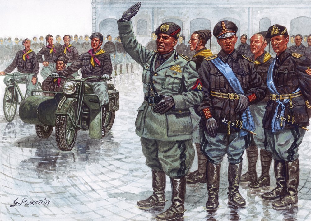 El Duce Benito Mussolini (1883-1945), acompañado de sus Camisas Negras (Camicie nere), haciendo el saludo fascista durante un desfile militar - Benito Mussolini y los Camisas Negras durante un desfile militar - Ilustración de Giuseppe Rava de Giuseppe Rava