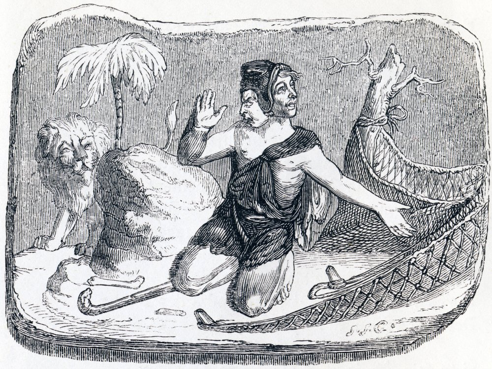 El pastor y el león - Fábulas de La Fontaine de Grandville