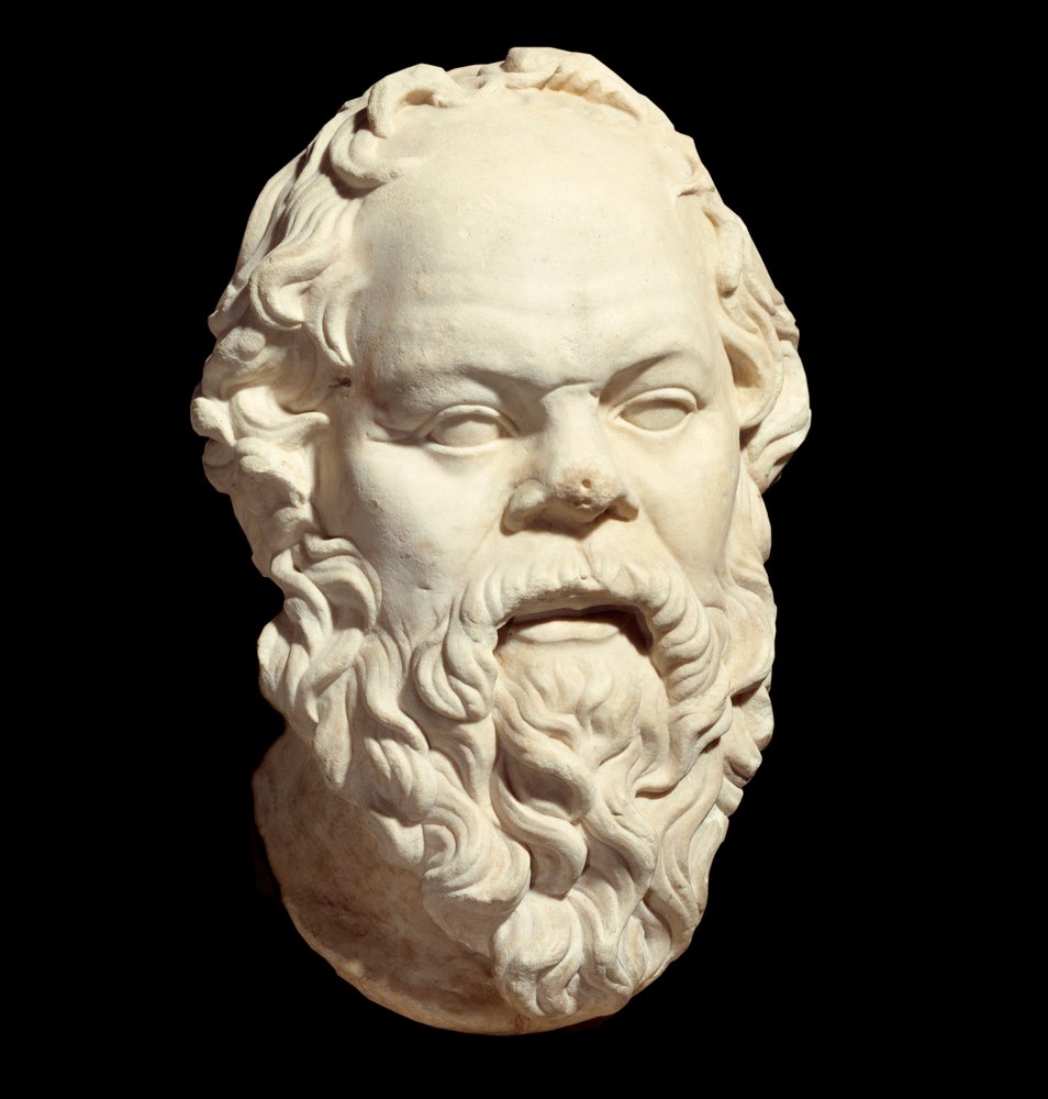 Busto de mármol del filósofo griego Sócrates (470-399 a.C.) después del original de Lisipo (alrededor de 330 a.C.) decorando el Pompeion de Atenas. Altura: 0,33 m. París, Museo del Louvre de Greek or Roman