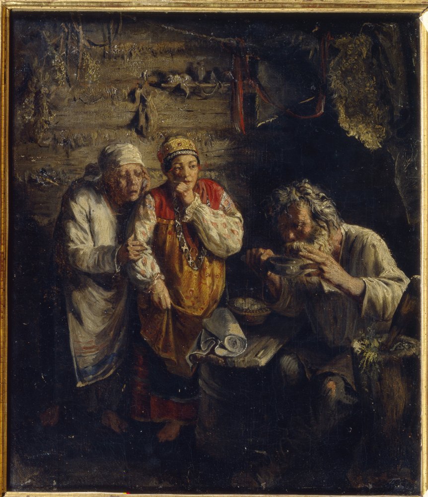 El médico brujo. En una pobre cabaña rural, dos mujeres descalzas y vestidas con trajes folclóricos observan con ansiedad a un anciano que toma un remedio de hierbas, junto a él un mortero para preparar las mezclas medicinales. de Grigori Grigoryevich Myasoedov