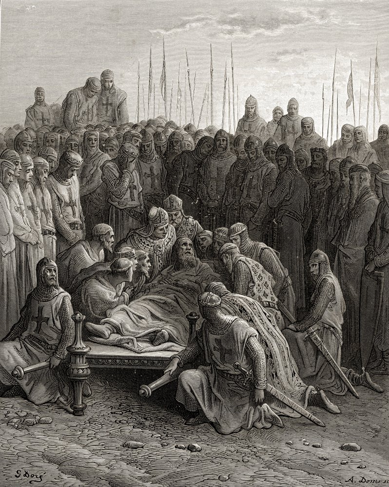 Muerte de Balduino I (1171-1205) el rey latino de Jerusalén, ilustración de 