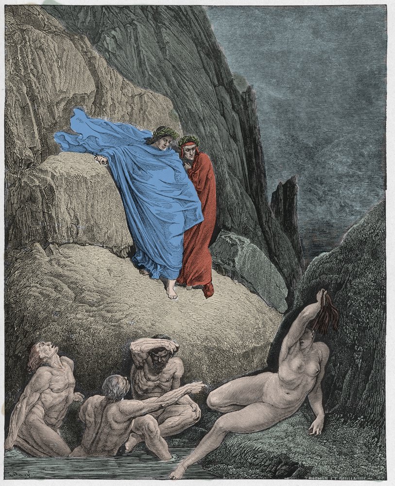 Infierno, canto 18: Virgilio muestra a Dante la sombra de Taide, ilustración de la Divina Comedia de Dante Alighieri, 1885 de Gustave after Dore