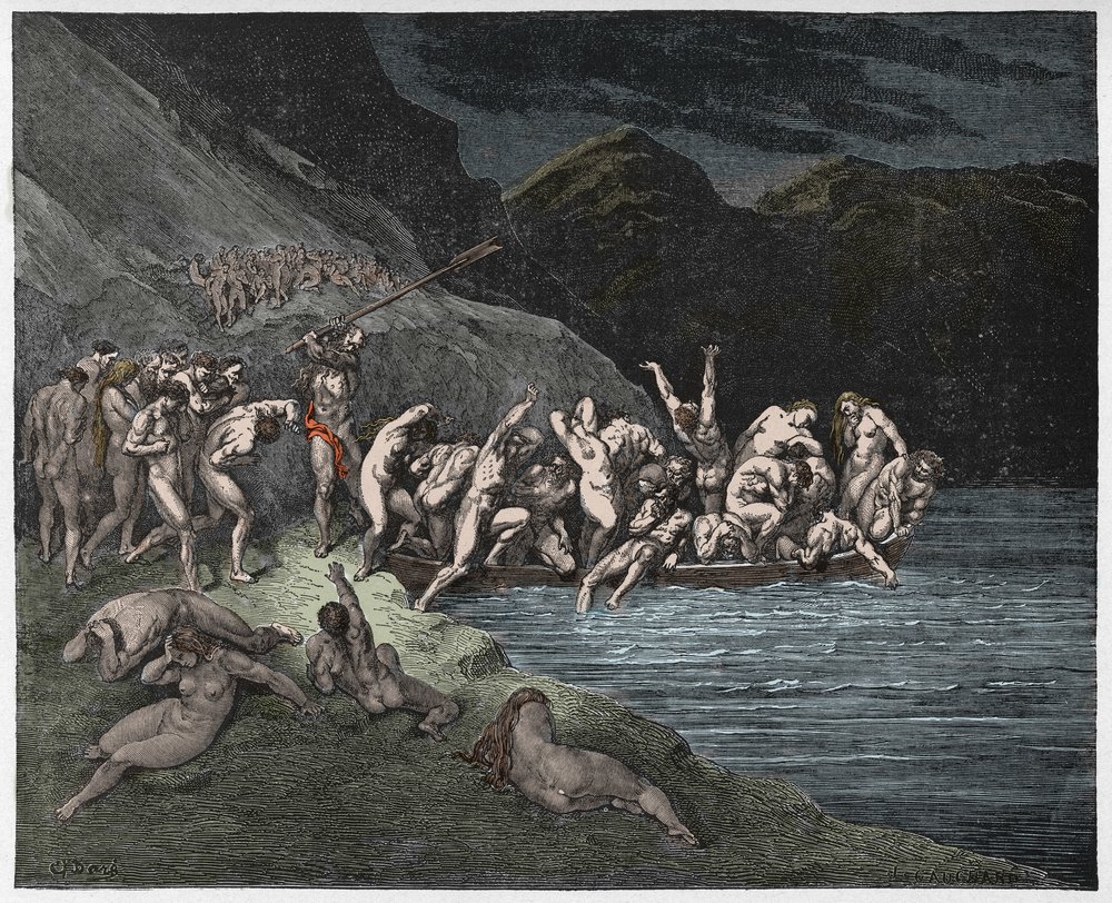Infierno, canto 3: las almas condenadas embarcan para cruzar el Aqueronte, ilustración de La Divina Comedia de Dante Alighieri, 1885 de Gustave after Dore