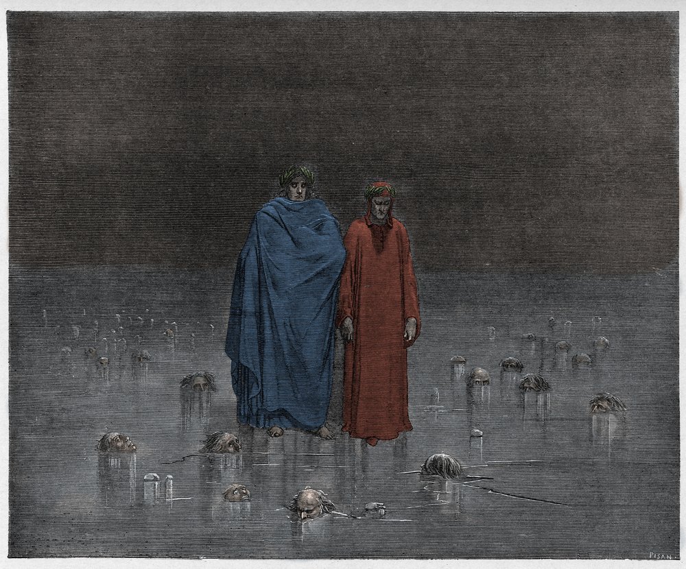 Inferno, Canto 32: Los traidores congelados en el hielo de Cocito, ilustración de La Divina Comedia de Dante Alighieri, 1885 de Gustave after Dore
