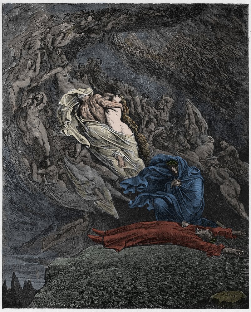 Infierno, canto 5: Francesca da Rimini describe su muerte, ilustración de la Divina Comedia de Dante Alighieri, 1885 de Gustave after Dore