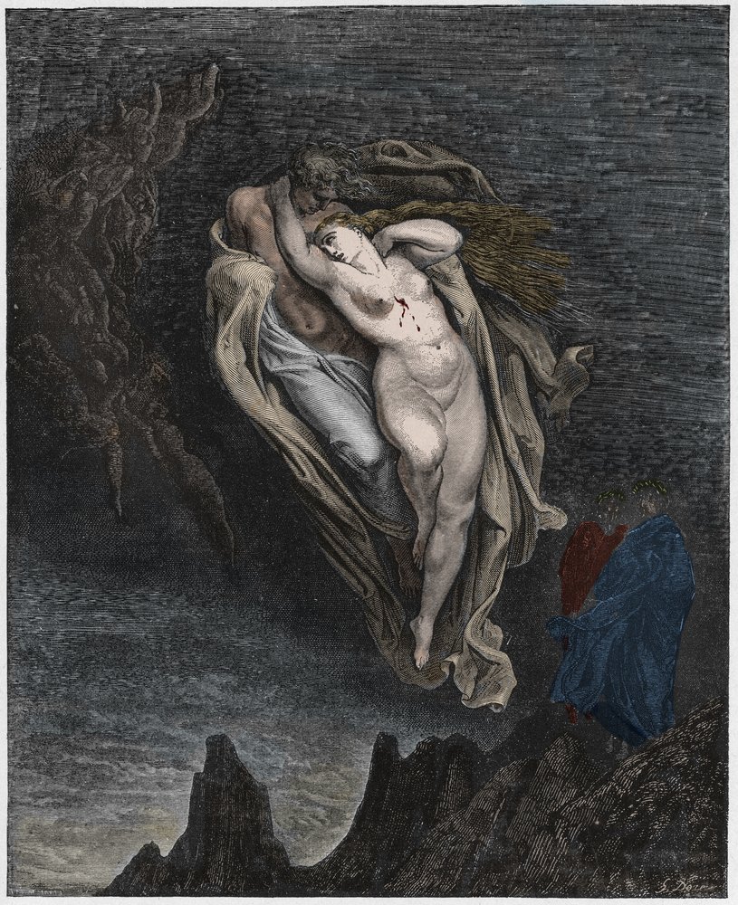 Infierno, canto 5: Las almas de Paolo y Francesca, ilustración de la Divina comedia de Dante Alighieri, 1885 de Gustave after Dore