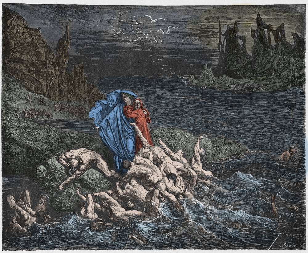 Infierno, Canto 7: Virgilio muestra a Dante las almas de los iracundos en el Estigia, ilustración de La Divina Comedia de Dante Alighieri, 1885 de Gustave after Dore