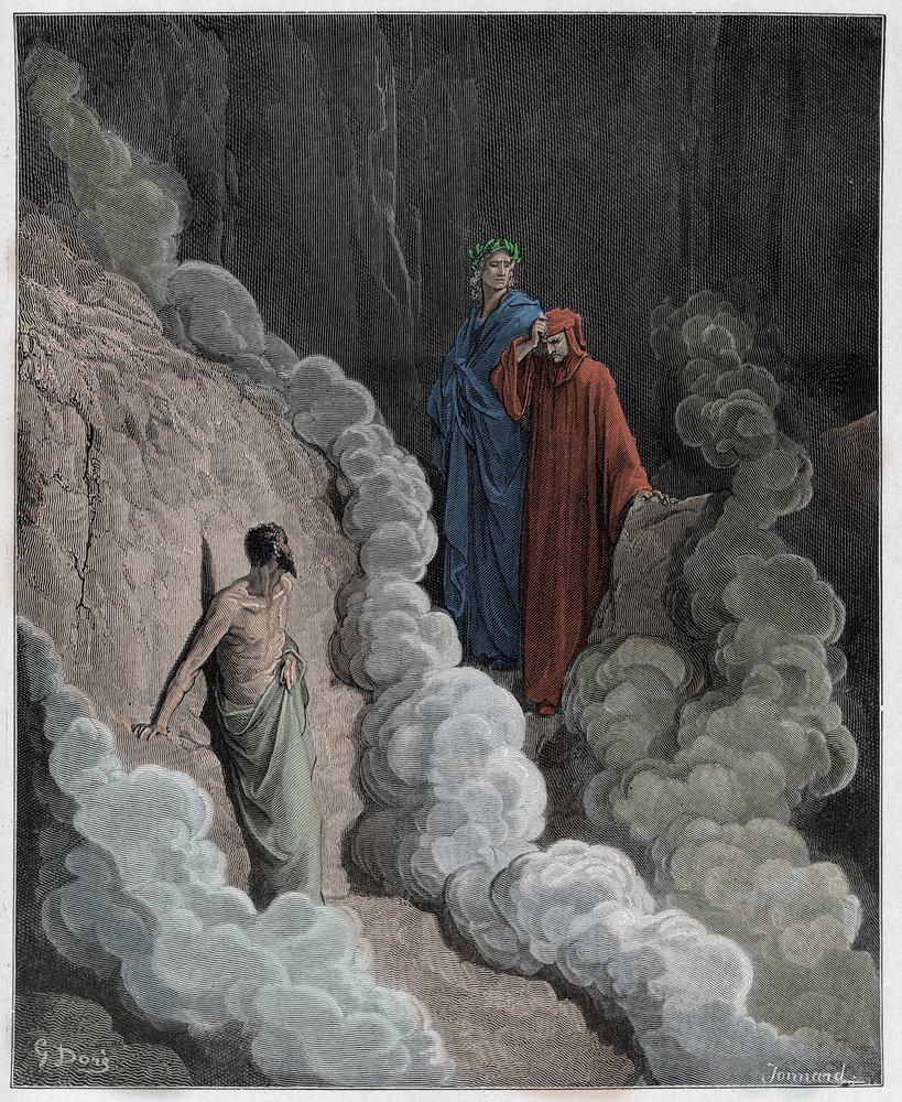 Purgatorio, canto 16: Dante habla con el alma de Marco Lombardo, ilustración de La Divina Comedia de Dante Alighieri, 1885 de Gustave after Dore
