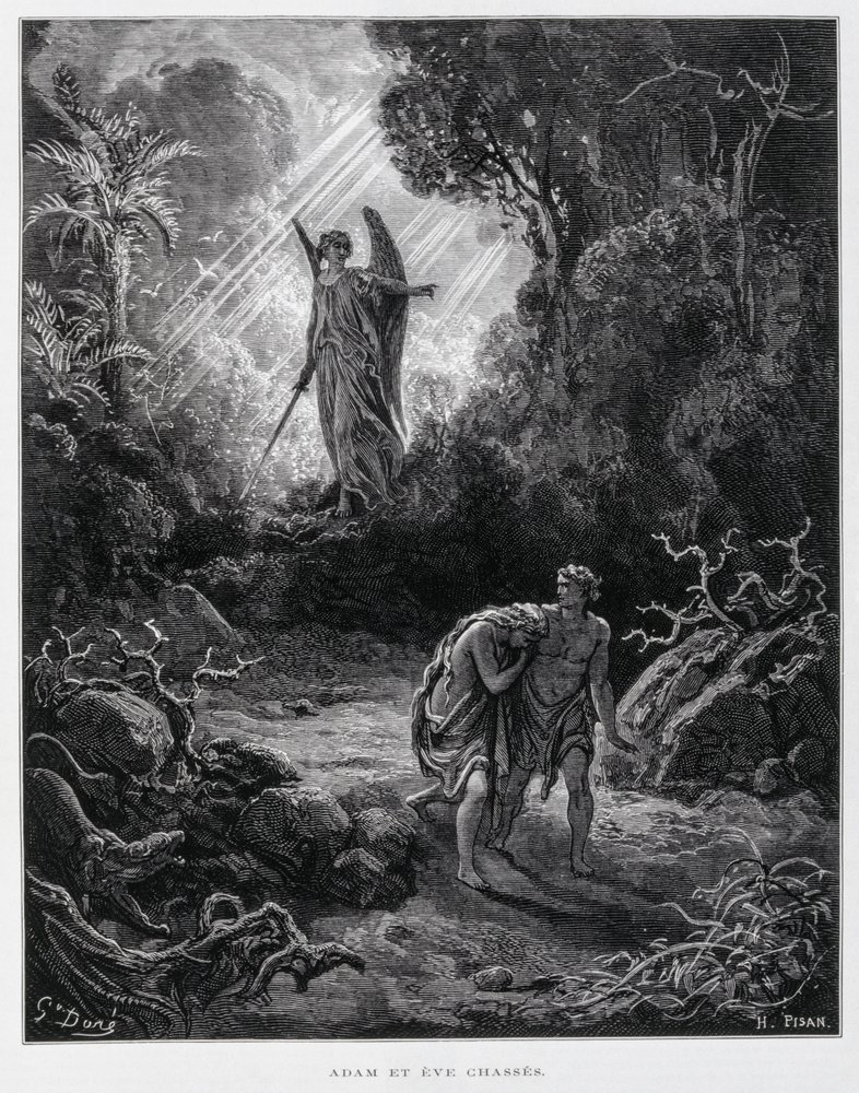 Adán y Eva desterrados del Jardín del Edén por un ángel, Ilustración de la Biblia de Dore de Gustave Dore