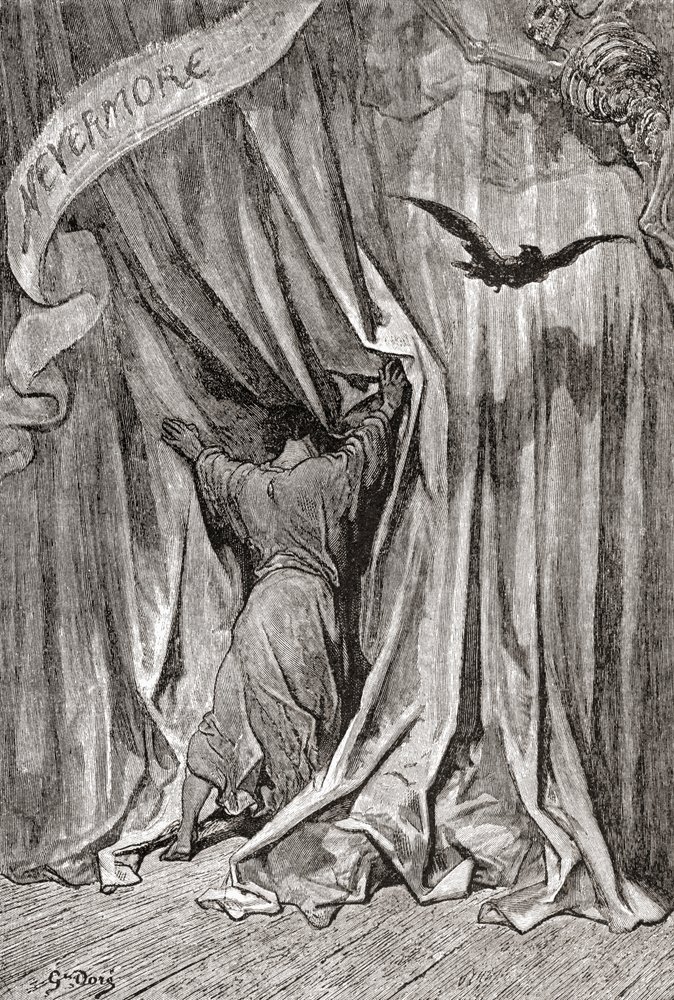 Según un dibujo de Gustave Dore para el poema de Edgar Allan Poe El cuervo. De Vida y recuerdos de Gustave Dore, publicado en 1885. de Gustave Dore