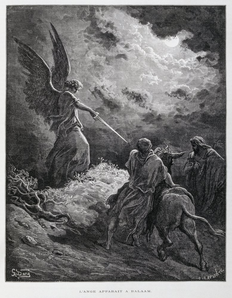 Un ángel encontró a Balaam con una espada, ilustración de la Biblia de Doré de Gustave Dore