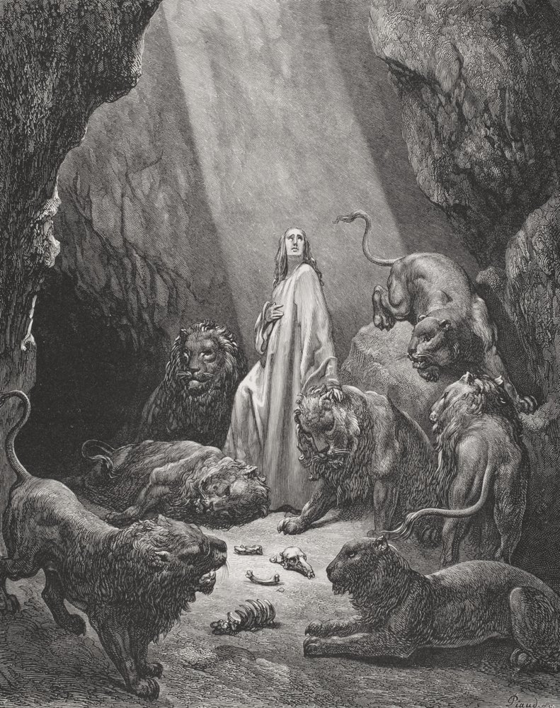 Daniel en el foso de los leones, Daniel 6:16-17, ilustración de La Santa Biblia de Doré, grabada por Piaud, 1866 de Gustave Dore