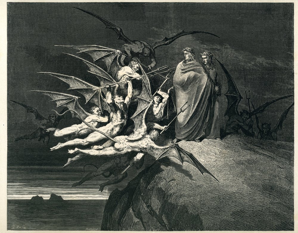 Dante y Virgilio se enfrentan a los demonios. Grabado de El Infierno de Dante Alighieri (la Divina Comedia) ilustrado por Gustave Dore. Edición francesa de 1861. "... Nessun di voi sia fello! (¡Que ninguno de vosotros sea rebelde!)" canto 21, v. 72. de Gustave Dore