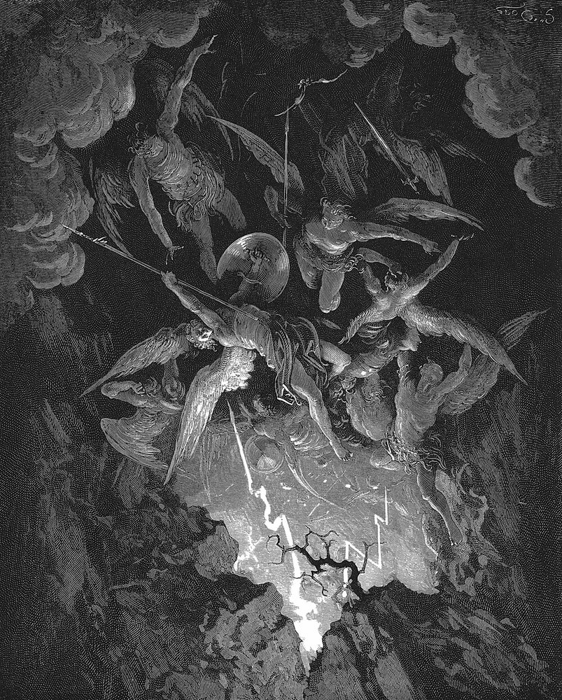 Ilustración de Gustave Dore para el poema épico de John Milton que dramatiza la caída del Hombre, El Paraíso Perdido (1667) Libro VI. Cayendo por la brecha del muro del cielo, los ángeles rebeldes se precipitan en el infierno. Grabado en madera 1866 de Gustave Dore