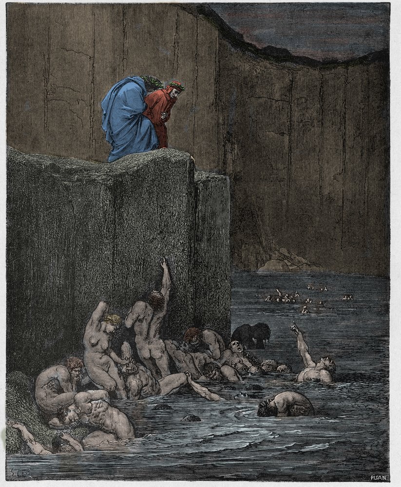 Infierno, Canto 18: Amantes y aduladores en el octavo círculo, ilustración de "La Divina Comedia" por Dante Alighieri, 1885 de Gustave Dore