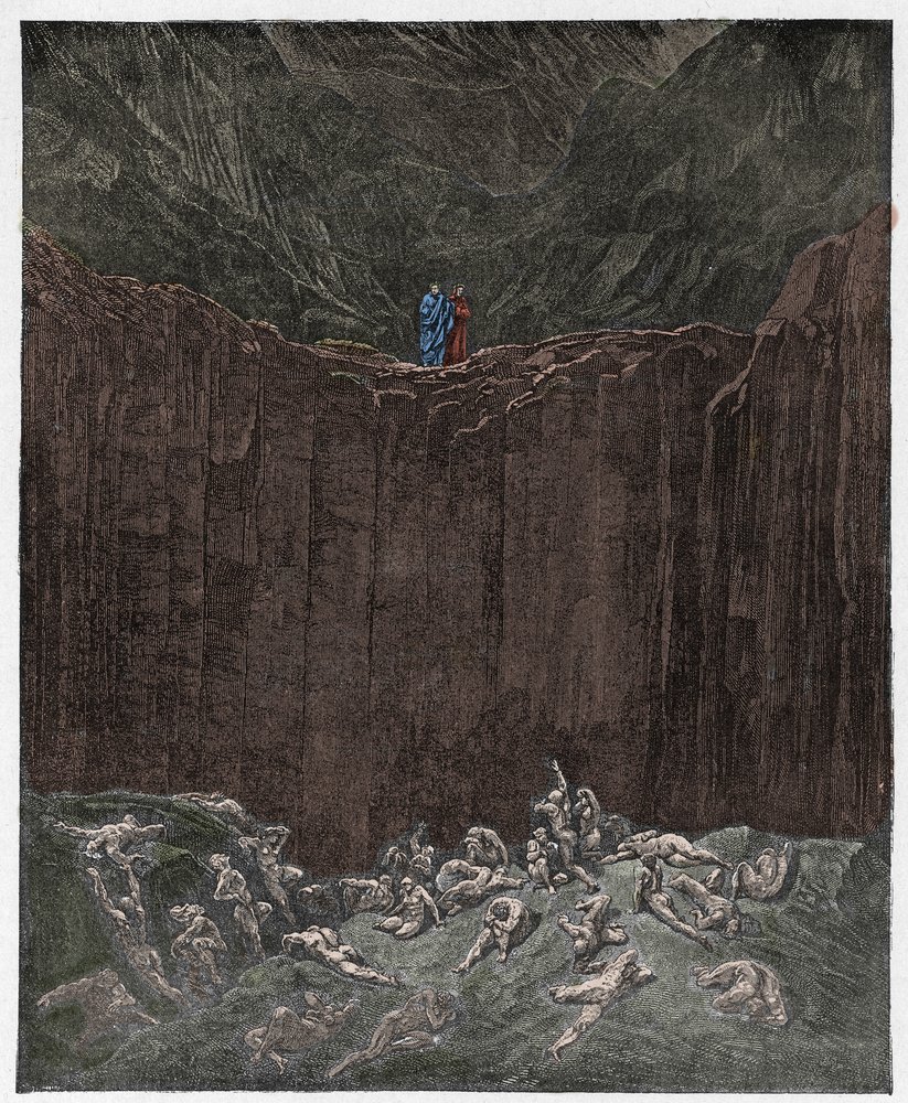 Infierno, canto 29: Los falsificadores atormentados en el valle, ilustración de «La Divina Comedia» de Dante Alighieri, 1885 de Gustave Dore